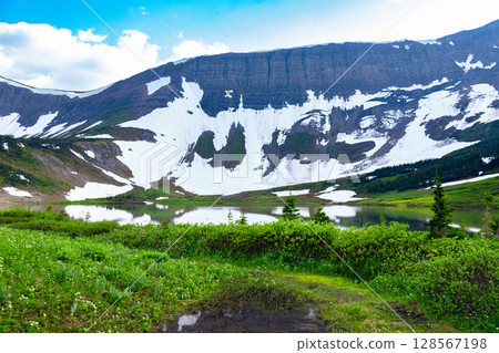 Scenic Lake among Snowy Mountains and green vegetation. 128567198