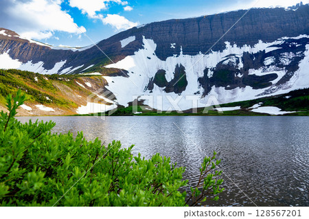 Scenic Lake among Snowy Mountains and green vegetation. Scenic Lake among Snowy Mountains and green vegetation. 128567201