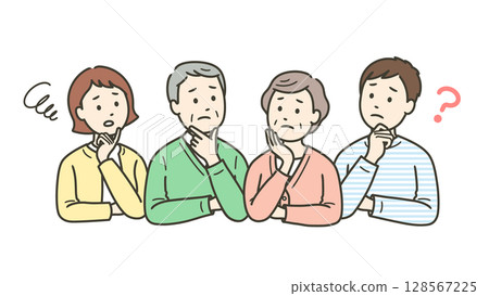 一對老年夫婦和一對年輕夫婦在思考一些事情 128567225