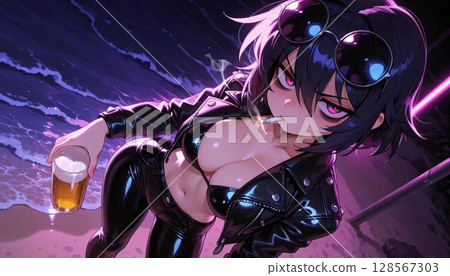 Rebellious Anime Girl with Beer on Neon Beach Night 128567303