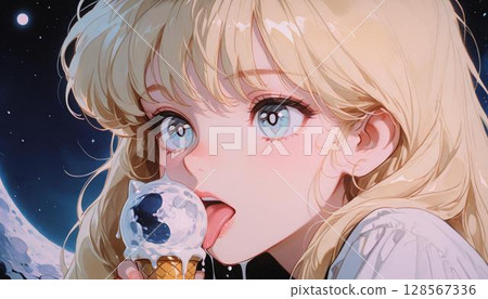 Blonde Anime Girl with Cute Cat Moon Ice Cream 128567336