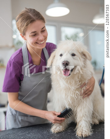 Veterinary Assistant Gently Brushes Dogs Coat in Bright Clinic Setting During Routine Checkup 128567383