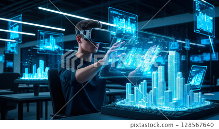 An architect brings architectural designs to life with 3D holographic construction models. The concept of innovation in architecture and futuristic design. Generative Ai. 128567640