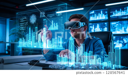 An architect brings architectural designs to life with 3D holographic construction models. The concept of innovation in architecture and futuristic design. Generative Ai. 128567641