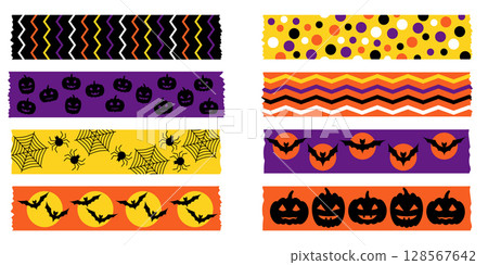 Cute Halloween masking tape set in seasonal black purple and orange. Vector washi tape with pumpkins bats and spiders. Perfect decorative borders for gift wrap craft projects and scrapbook layouts. 128567642
