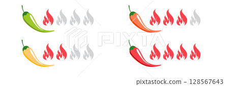Spice level vector labels with chili pepper icons for hot sauce packaging restaurant menu or food product design showing heat scale from mild to extra spicy in red color palette 128567643