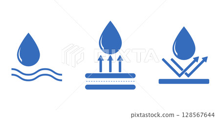 Set of waterproof and anti-weather icons. Blue vector drops with resistant symbols. Ideal for labels, packaging, fabric care, or digital interfaces indicating corrosion or moisture protection. Set of waterproof and anti-weather icons. Blue vector drops with resistant symbols. Ideal for labels, packaging, fabric care, or digital interfaces indicating corrosion or moisture protection. 128567644