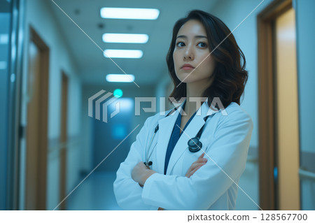 A female doctor in a white coat with her arms crossed in a hospital corridor: "generative AI" A female doctor in a white coat with her arms crossed in a hospital corridor: "generative AI" 128567700