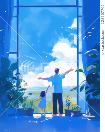 父親和女兒透過大窗戶感受夏日微風的插圖“生成式人工智慧” 128567705