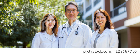 Doctors in white coats smiling outdoors: "generative AI" 128567716