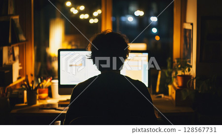 "Generative AI" shows the back view of a person concentrating on computer work in an office at night 128567731