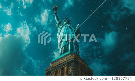 自由女神像在多雲的天空下雄偉地矗立著“生成式人工智慧” 128567734