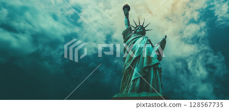 自由女神像在多雲的天空下雄偉地矗立著“生成式人工智慧” 自由女神像在多雲的天空下雄偉地矗立著“生成式人工智慧” 128567735