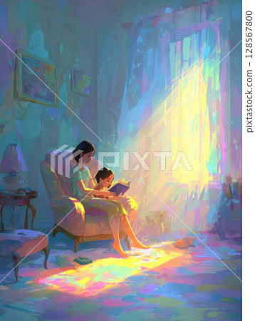 Mother and Child Share a Story in a Softly Lit Pastel Room Filled With Warmth and Tranquility 128567800
