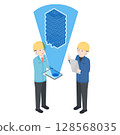 Two men in the construction industry checking simulation data for a building under construction 128568035
