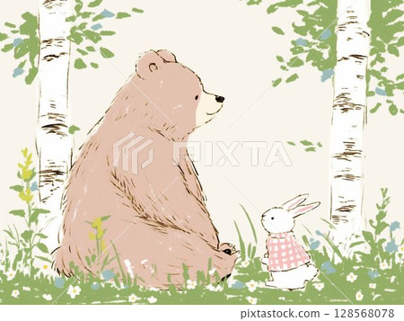 在白樺林裡和熊還有兔子 128568078