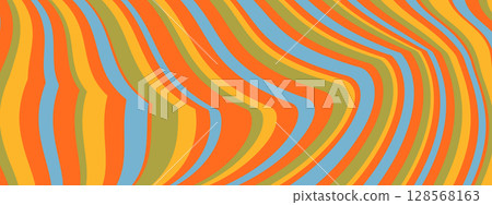 Psychedelic pattern with abstract wave lines and liquid vector texture for groovy or retro print. Wavy background by smooth swirl design. Seamless and minimal art in bold curvy 70s style. 128568163
