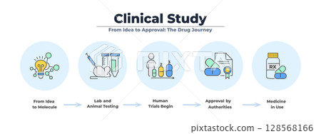 Color infographic banner with icon set for clinical study and drug development. From molecule to patient treatment, this medical vector shows each test and approval phase. 128568166