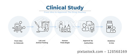 Modern linear infographic with icon chart for clinical research and drug study. From molecule to patient treatment, this medical vector explains testing, approval and workflow. 128568169