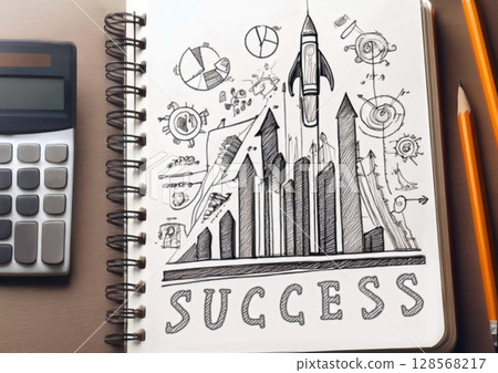 商業概念中筆記本上繪製的圖表的 3D 插圖背景 128568217