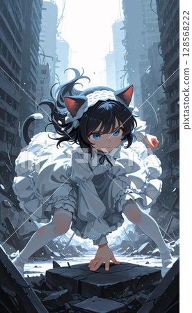 Dynamic Anime Cat Girl in Post-Apocalyptic Setting 128568222
