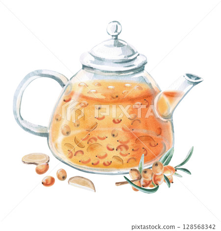 Teapot with sea buckthorn tea, sea buckthorn branch and ginger. Isolated watercolor illustration in realistic style for design of beverage packaging, teas, tea menu, culinary blogs. 128568342