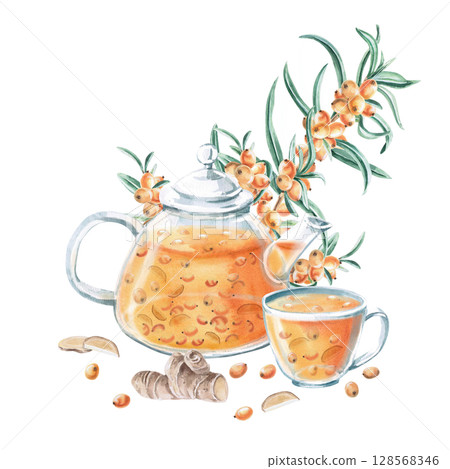 Composition of a teapot, a cup with sea buckthorn tea and a branch. Isolated watercolor illustration in a realistic style for the design of packaging with drinks, teas, a tea card, culinary blogs 128568346