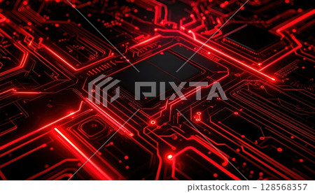 AI 影像：帶有紅光的電子電路影像 128568357