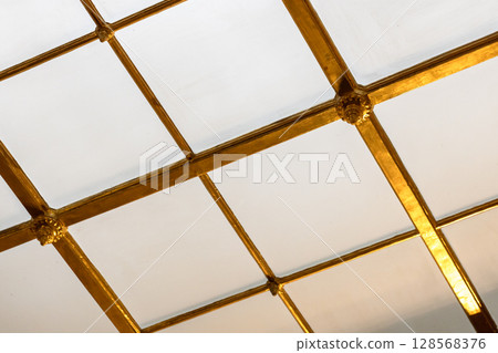 Horizontal view of a golden grid structure on a ceiling light portal 128568376