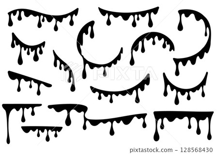 Drips of paint. Vector black liquid splashes on white background. Silhouettes of fluid blobs of sauce caramel and slime isolated on white background Drips of paint. Vector black liquid splashes on white background. Silhouettes of fluid blobs of sauce caramel and slime isolated on white background 128568430