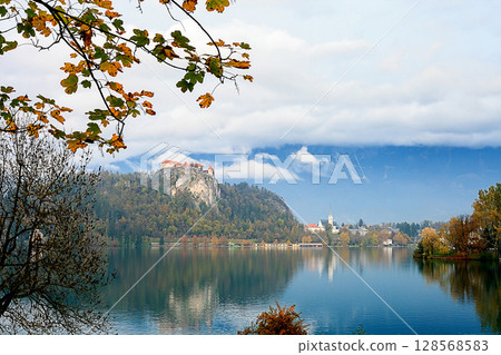 Autumn landscape with lake Bled and church in Slovenia Autumn landscape with lake Bled and church in Slovenia 128568583