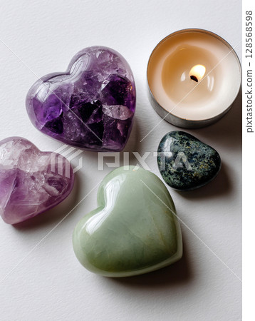 彩色心形寶石和香氛蠟燭AI圖像 彩色心形寶石和香氛蠟燭AI圖像 128568598