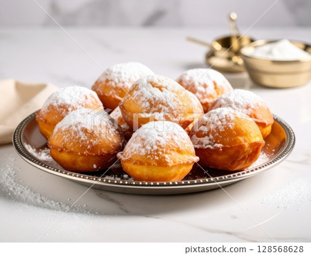 Beignets on a stainless steel plate, placed on a white marble table, powdered sugar 128568628