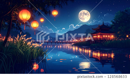city night with moonlit sky and reflections on the river city night with moonlit sky and reflections on the river 128568633