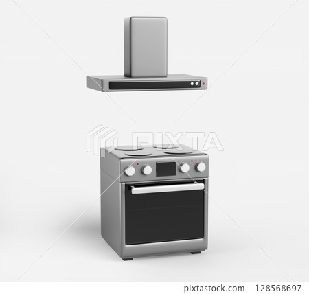 Kitchen electric range stove with oven, hob and cooker hood isolated on white background. Realistic 3d render set of exhaust fan, silver cooktop with black burners for cooking food. 3D illustration 128568697