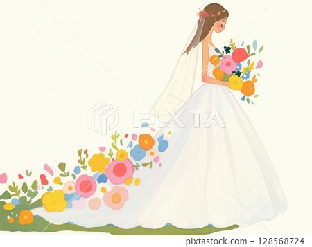 新娘穿著美麗的婚紗，拖著花裙 128568724