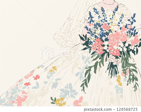 身穿花裙、手捧大花束的新娘的插圖 身穿花裙、手捧大花束的新娘的插圖 128568725