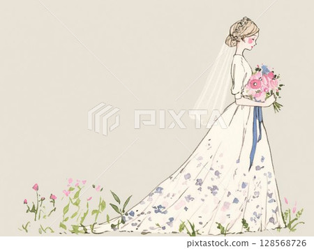 Illustration of a bride with an impressive blue ribbon 128568726