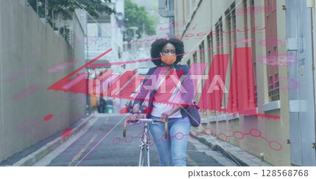 Image of covid 19 cells and statistics over african american woman in face mask with bicycle 128568768