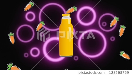 Image of falling carrots and bottle of healthy juice, with purple rings on black background Image of falling carrots and bottle of healthy juice, with purple rings on black background 128568769
