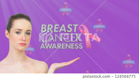 Image of breast cancer awareness text over cauasian woman 128568775