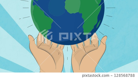 Image of hands holding globe on moving blue background Image of hands holding globe on moving blue background 128568788