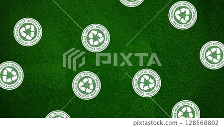 Image of recycling symbols in circles floating on green background Image of recycling symbols in circles floating on green background 128568802