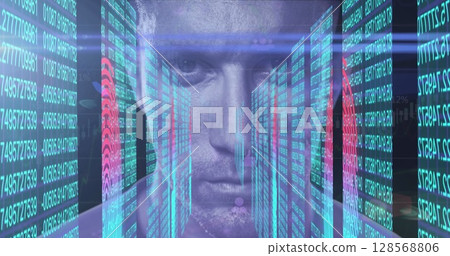 Image of biometric fingerprints and data processing over mans face 128568806