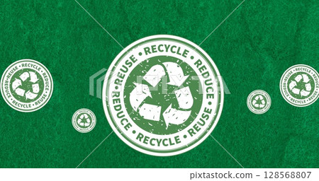 Image of recycling symbols floating on green background Image of recycling symbols floating on green background 128568807
