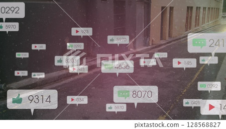 Image of social media notifications over african american woman riding bike in city street Image of social media notifications over african american woman riding bike in city street 128568827