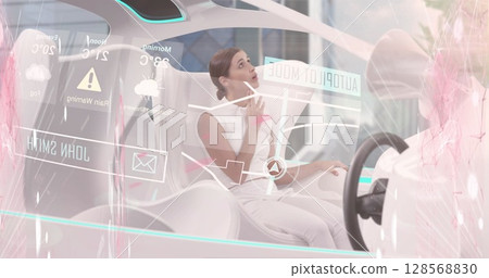 Image of statistics and data processing over woman in self drive car 128568830