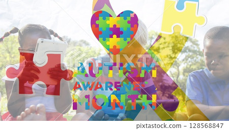 Image of colourful puzzle pieces ribbon autism awareness month text over children Image of colourful puzzle pieces ribbon autism awareness month text over children 128568847