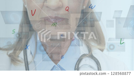 Image of letters changing and screens with scopes over female doctor with stethoscope 128568877