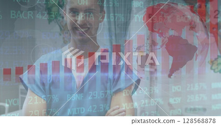 Image of globe, statistics and data processing over male doctor Image of globe, statistics and data processing over male doctor 128568878